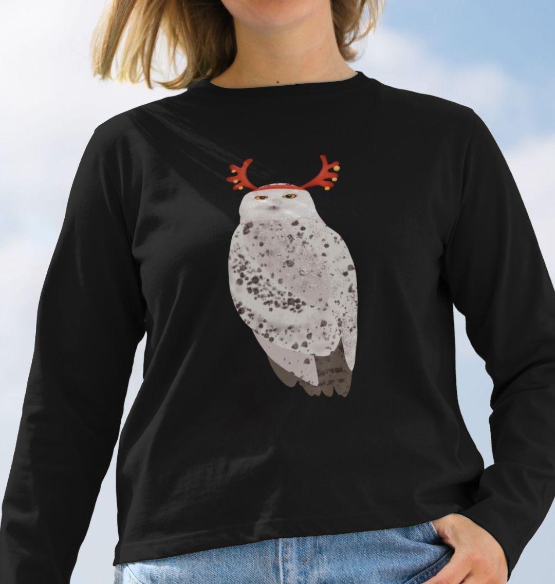Christmas Long Sleeve T-shirt With Snowy Owl for Women | Organic Cotton Tee | Arctic Wildlife Series
