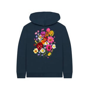 May include: Navy blue hoodie featuring a vibrant floral design on the back. The colorful bouquet includes pink, purple, yellow, and white flowers. The hoodie has a hood and a simple, classic design, suitable for casual wear.