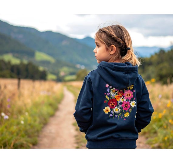 Girls Organic Cotton Floral Hoodie, Kids Wildflower Sweatshirt, Eco-friendly Meadow Hoodie, Botanical Gift