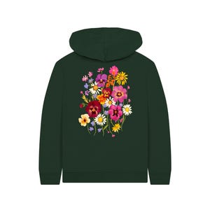May include: Dark green hoodie featuring a vibrant floral design on the back. The bouquet includes pink, purple, yellow, and white flowers. The hoodie has a hood and a simple, classic design, suitable for casual wear.