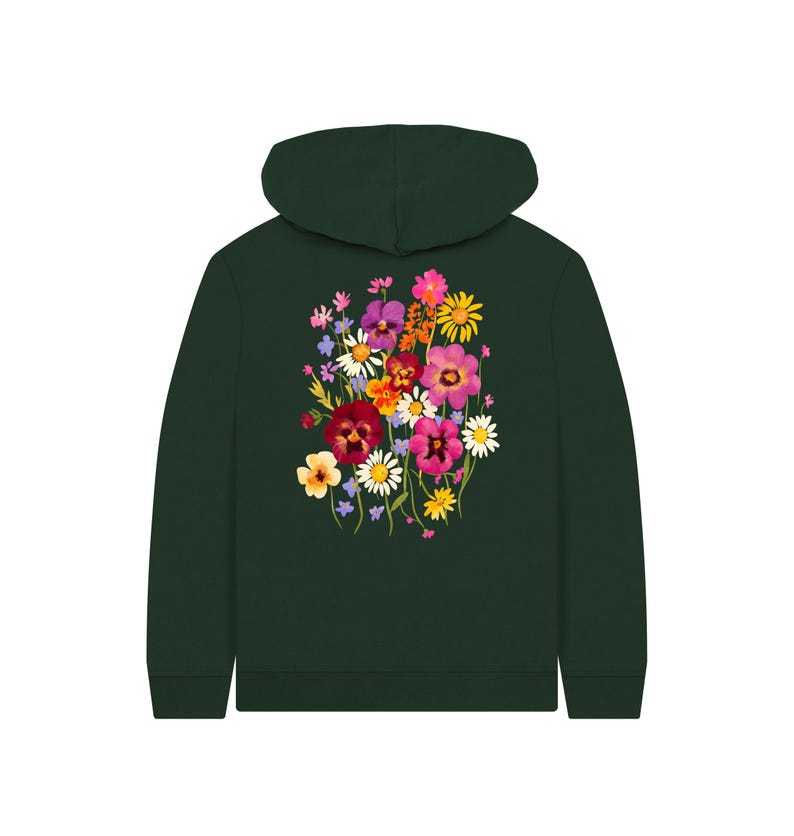 May include: Dark green hoodie featuring a vibrant floral design on the back. The bouquet includes pink, purple, yellow, and white flowers. The hoodie has a hood and a simple, classic design, suitable for casual wear.