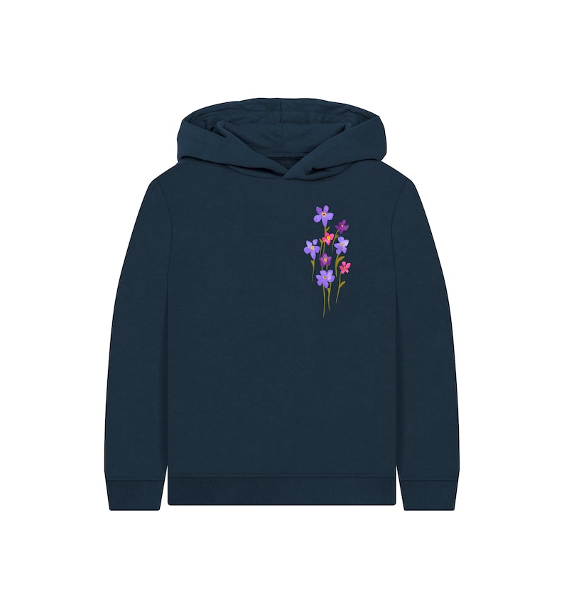 May include: A navy blue hoodie featuring a small floral design on the upper left chest. The flowers are a mix of purple, pink, and red, with green stems. The hoodie has a hood and long sleeves, suitable for casual wear.