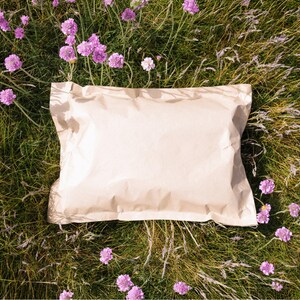 May include: A beige paper package rests on a bed of green grass and wildflowers. The package is rectangular and slightly crumpled. Small, vibrant purple flowers are scattered around the package, adding a pop of color to the natural setting.