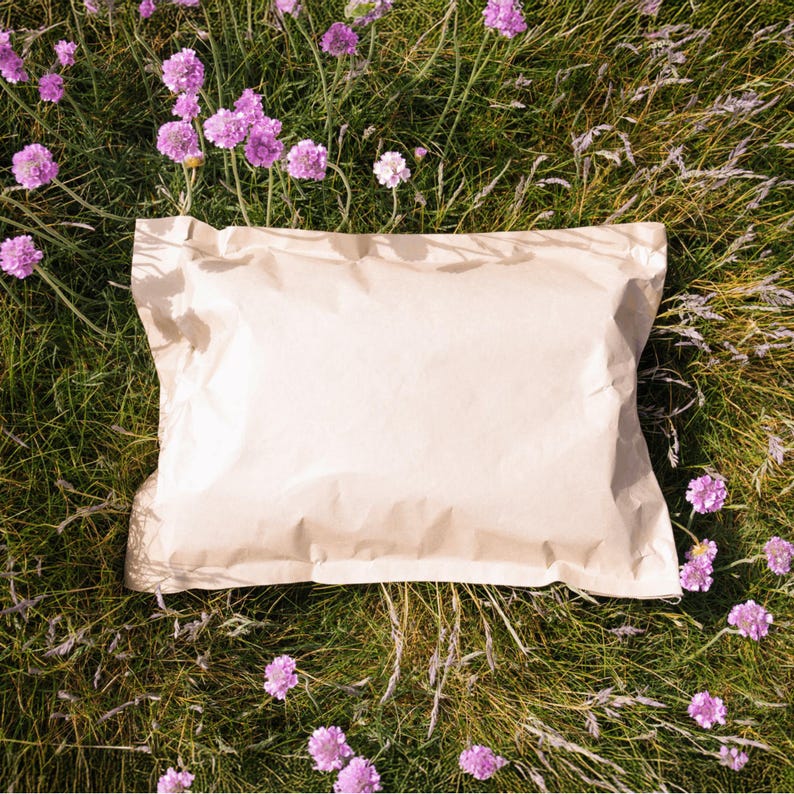May include: A beige paper package rests on a bed of green grass and wildflowers. The package is rectangular and slightly crumpled. Small, vibrant purple flowers are scattered around the package, adding a pop of color to the natural setting.
