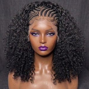 May include: A mannequin head wearing a black wig with tight curls and intricate cornrow braids at the crown. The wig features a sheer lace front with visible baby hairs along the hairline. The mannequin has purple eyeshadow and lipstick.