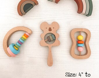 Personalized Baby Wooden Rattle, Koala Rattle, Baby Shower Gift, Rainbow Toy, Wooden Toy