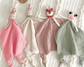 Personalized Baby Lovey: Organic Cotton Muslin Blanket, Crochet Animal Rattle