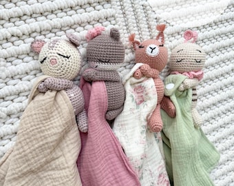 Personalized Muslin Baby Lovey with Crochet Animal Rattle