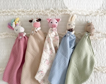 Personalized Baby Lovey: Organic Cotton Crochet Animal Rattle Blanket
