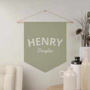 Custom Name Pennant Banner: Nursery Decor Flag Sage - Biege Letters
