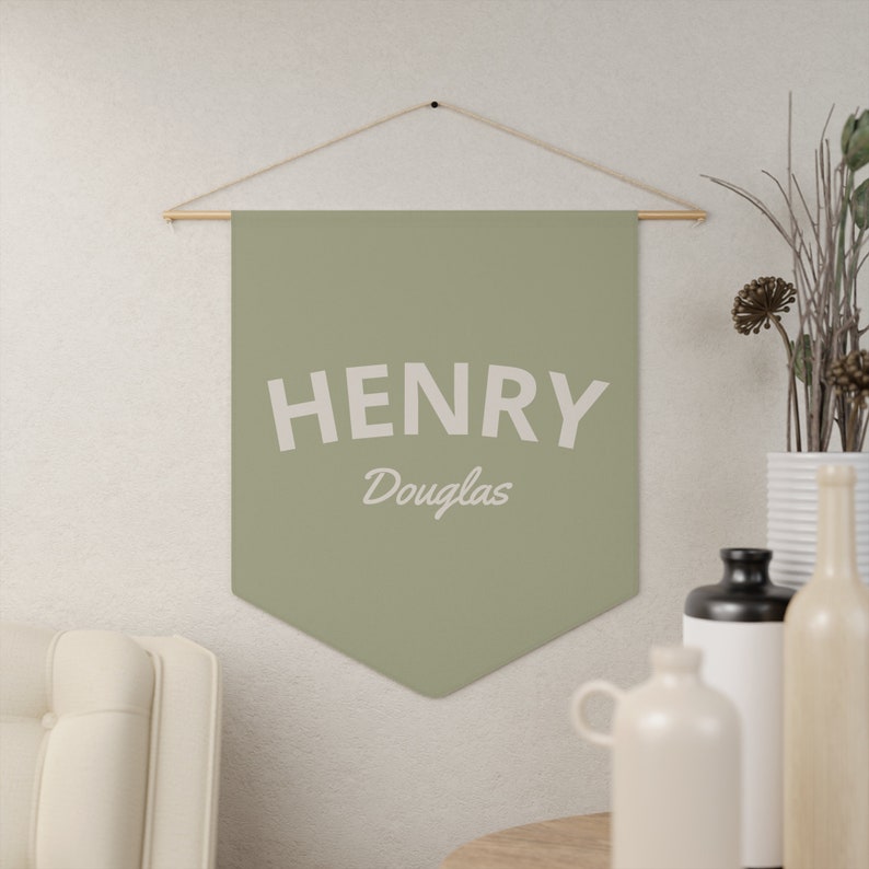 Custom Name Pennant Banner: Nursery Decor Flag Sage - Biege Letters