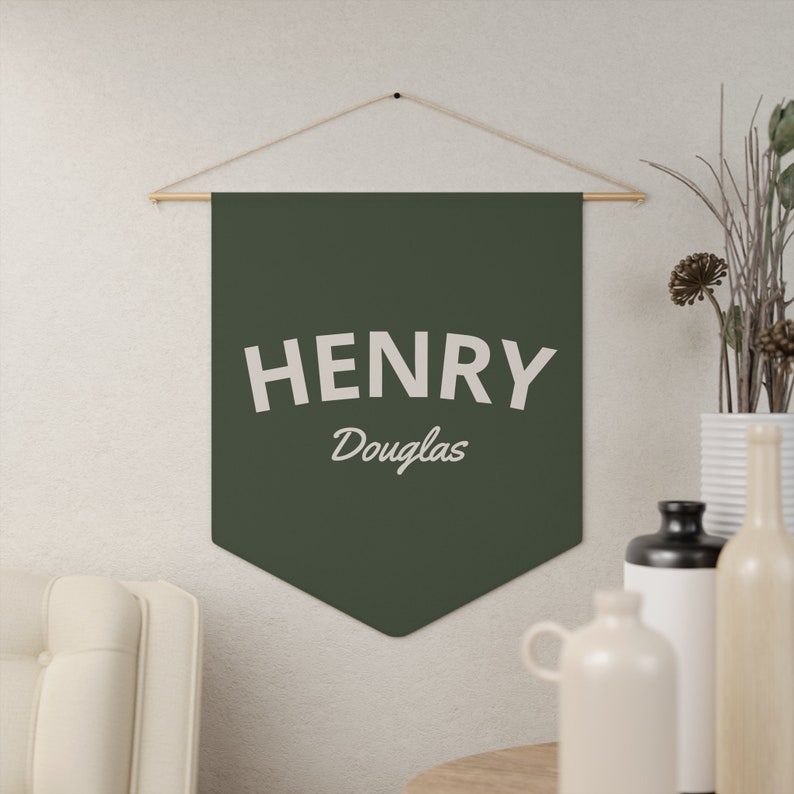 Custom Name Pennant Banner: Nursery Decor Flag Pine -Biege Letters
