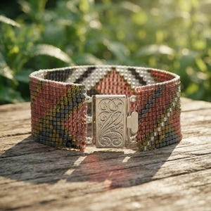 Geometric Beaded Cuff Bracelet, Loomed Miyuki Glass Beads in Copper, Green and Pewter | Unisex