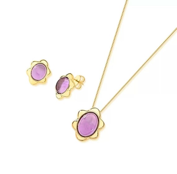 Set De Bijoux 4 Pièces Plaqué Or Avec Améthyste - Collier, Bracelet, Boucles D'oreilles, Bague - Neuf Sans étiquettes