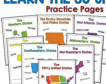 May include: A colorful set of printable worksheets and quizzes for learning about the 50 United States. The worksheets are organized by region and include activities like map skills, spelling, and postal code abbreviations. The quizzes cover topics such as identifying states on a map, spelling state names, and matching capital cities to states. The set also includes practice games, flashcards, memory activities, fun facts, and flip books. The text "LEARN THE 50 UNITED STATES" is at the top of the image. The text "Practice Pages & Quizzes" is below the title. The text "Independent & Time Saving" is at the bottom of the image. The text "By: Tina Kolley" is in the bottom right corner of the image.