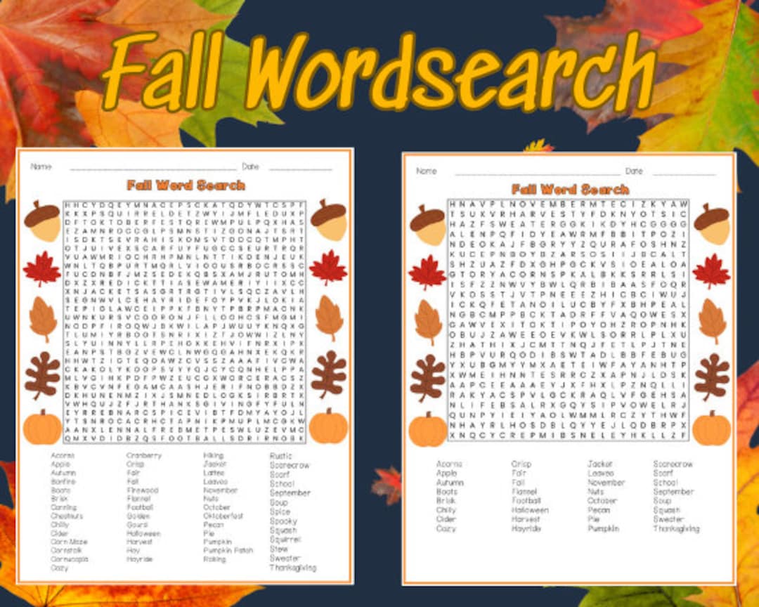 Fall Word Search Printable Fall Activity Fall Party Game Fall ...