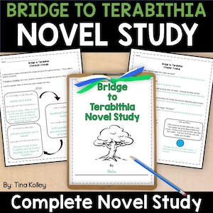 Könnte beinhalten: Ein schwarz-weiß druckbarer Romanstudienleitfaden für das Buch "Bridge to Terabithia" von Katherine Paterson. Der Leitfaden enthält eine Charakteränderungsübersicht, eine Farb- und Stimmungsaktivität und eine Aktivität für Kapitel zwölf.