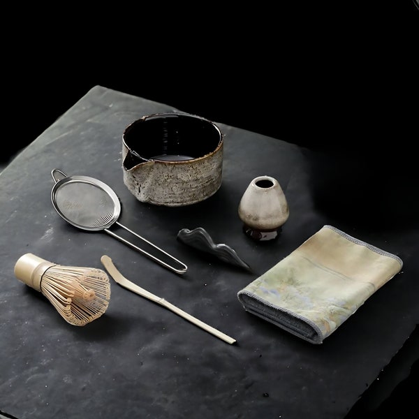 Matcha Tee-Set aus Keramik mit Bambus Schneebesen, handgefertigter Matcha-Schale & Ausgießer - Authentisches Zubehör für die Japanische Teezeremonie