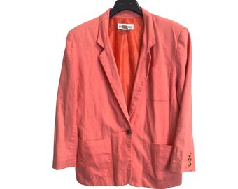 White Stag Womens Coral Pink Linen Cotton Blend Blazer Jacket Size 14 Vintage