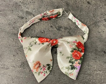 Handmade Oversized Cream/Red FloraL Satin Bow tie Vintage style Wedding Prom
