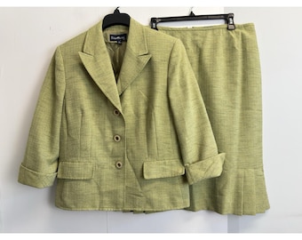 Vtg Evan Picone 2 Piece Skirt Suit Set Women's 14 Green Lined Pockets 90's