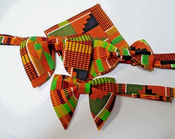 Handmade Men's African Print Kente Bow Tie Handkerchief Pre-tied Bright Colorful