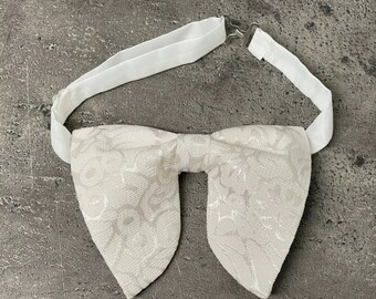Handmade Oversized Cream Brocade Bow tie Vintage style 70s Wedding Prom