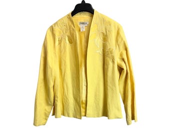Coldwater Creek Yellow Linen Blend Floral Embroidery Open Front Blazer Jacket 14