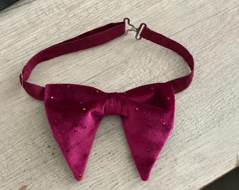 Handmade Burgundy Velvet Polka Dot Bow tie Vintage style 70s Wedding Gift 4 Him