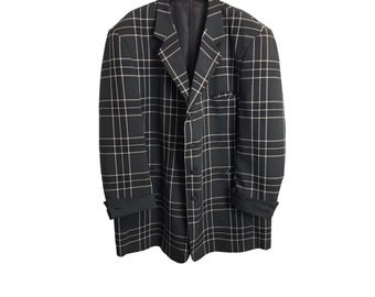 Falcone Mens Windowpane Plaid Blazer Jacket Black White 4 Button Sport Coat 54R