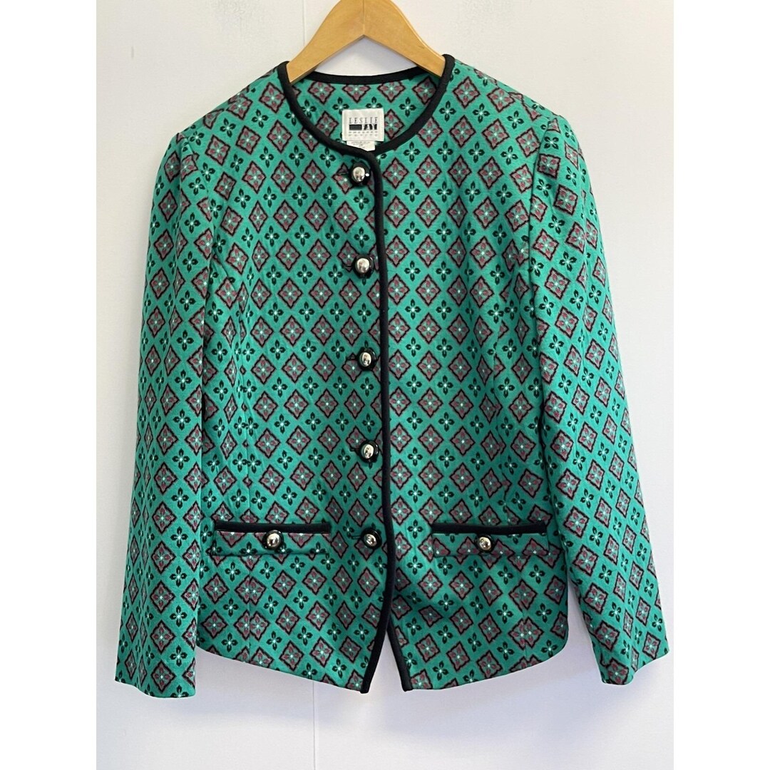 Motice Pockets Vintage LESLIE FAY Jacket Size 10 Petite Green Motive Faux Pockets Knit ...