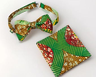 Handmade Men's African Print Kente Bow Tie  & Handkerchief Set Pre-tied Colorful