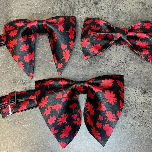 Handmade Men's Bow Tie Oversized Vintage Style Butterfly Black Red Floral Satin