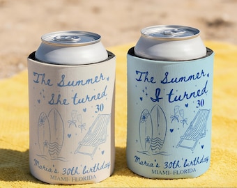 The Summer I Turned Thirty Birthday Can Cooler, 30th, 40th, 50th summer I turned any age Birthday party favors, Beach Birthday drink sleeve