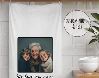 Custom Photo Kitchen Towel – Personalized Tea Towel with Your Photo & Text – Gift for Mom, Grandma, Nana – Valentines or Mother’s Day Gift