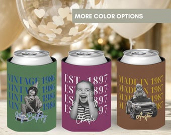 Personalized Vintage Photo Can Cooler, Custom Birthday Koozie, 30th 40th 50th Birthday Gift, Photo Can Holder Party Favor