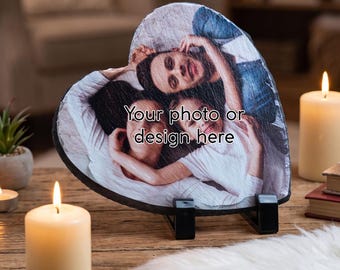 Personalized Heart Shaped Stone Photo Plaque with Stand, Custom Picture Gift for Family, Couples, Pets, Memorial, Unique Home Decor