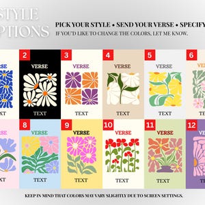 May include: A collection of twelve floral art prints, each with a unique design and color scheme. The prints feature stylized flowers, with space for a verse and text. The text at the top says "Style Options" and "Pick Your Style, Send Your Verse, Specify Text".