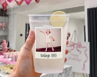 Personalized Birthday Cups with Photo and Text, Custom Vintage Face Frosted Plastic Cups, 12oz 16oz Custom Party Supplies