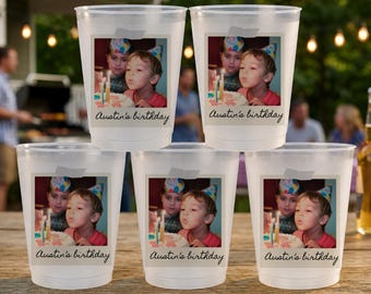 Personalized Birthday Cups with Photo and Text, Custom Vintage Face Frosted Plastic Cups, 12oz 16oz Custom Party Supplies