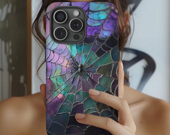 Spiderweb Phone Case Faux Stained Glass Halloween Pastel Cobweb Phone Case Spooky Cover for iPhone 16 15 14 Galaxy S 24 23 22 21 Pixel 8 7 6