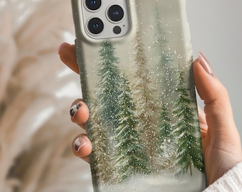 Watercolor Pine Tree Phone Case, Winter Forest iPhone Samsung Cover, Snowy Nature Phone Case, Christmas Gift, Holiday Aesthetic Case Nature