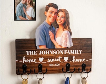 Personalized 3D Wooden Entryway Organizer: Cartoon Caricature Key Holder