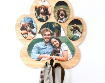 Personalized Dog Leash Holder with Photos, Custom Pet Memorial Gift, Paw Print Wall Decor, Pet Photo Collage, Dog Mom Gift, Pet Lover Gift