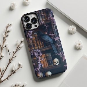 Purple Gothic Raven Bookshelf Phone Case, Gift for Book Lovers, Library Dark Academia Aesthetic, iPhone 16 15, GalaxyS25, Pixel 9 Pro Case
