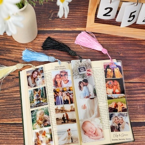 May include: Three clear acrylic bookmarks featuring photo collages and colorful tassels in light blue, black, and pink. The bookmarks display various personal photographs, including people, pets, and landscapes, with the text Lily & Grace Stories, Secrets, Smiles.