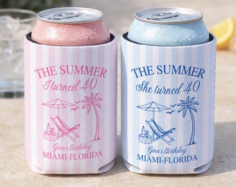 The Summer I Turned Thirty Birthday Can Cooler, 30th, 40th, 50th summer I turned any age Birthday party favors, Beach Birthday drink sleeve