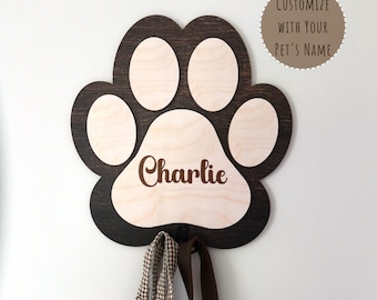 Custom Dog Paw Leash Holder, Wooden Paw Print Hook, Pet Collar Storage Rack Hanger, Dog Name Tags Accessories, Pet Gifts