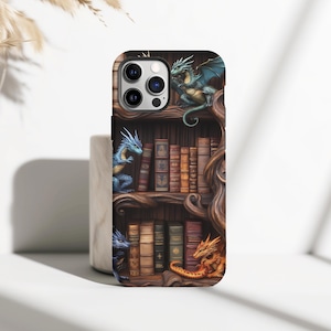 Bookish Dragon Bookshelf Phone Case, 3D wood Carved Illusion, iPhone Pro Max Plus, Samsung Galaxy Ultra S25 S24, Google Pixel XL Pro 9 8 7 6
