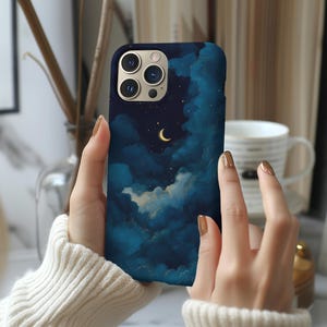 Blue Night Moon Phone Case | iPhone 16 15 14 13 12 Pro Max Mini | Dark Clouds with Stars | Samsung Galaxy S25 S24 S23 S22 | Google Pixel 9 8